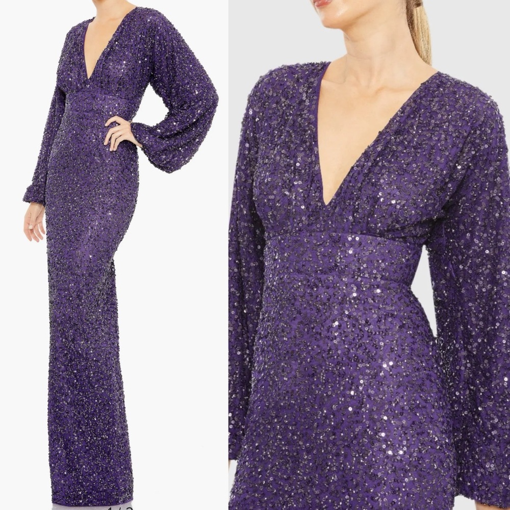 Mac Duggal Purple Sequined Puff Sleeve V Neck Gown in Amethyst